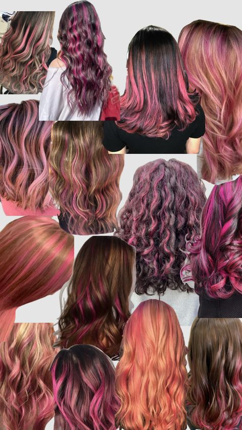 Dyeing Hair Ideas, Pink Underhair Dye, Hot Pink And Blonde Hair Highlights, Dyed Highlights Curly Hair, New Hair Dye Ideas, Pink Partial Highlights, Honey Blonde Hair With Pink Highlights, Raspberry Hair Color Highlights, Pink Summer Hair