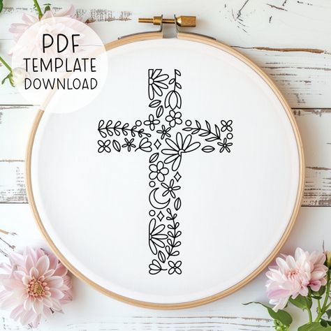 Cross Floral Embroidery Pattern Download, Easter Cross Embroidery Design, Cute Christian Hand Embroidery Pattern, Easter Home Decor Embroidered Cross Design, Spring Embroidery Ideas, Free Embroidery Patterns Printables, Christian Embroidery Designs, Floral Embroidery Patterns Templates, Hand Embroidery Motifs, Cross Embroidery Patterns, Embroidery Patterns Flowers, Cross Embroidery Designs