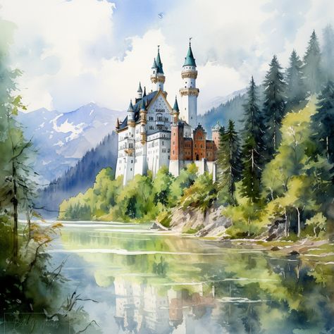 Neuschwanstein Castle Painting, Bavarian Countryside, Palace Painting, Watercolor Castle, Majestic Castle, Castle Bavaria, Hollywood Poster, Castle Painting, Neuschwanstein Castle