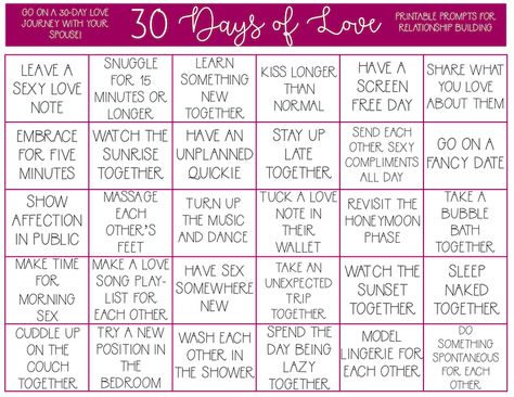 Marriage To Do List, 30 Day Romance Challenge, 30 Days Of Love For Husband, Couples Gift Challenge List, 30 Day Challenge Couples, 30 Day Challenge For Couples, 30 Days Of Love Notes, 30 Day Intimacy Challenge, 30 Days Intimacy Challenge