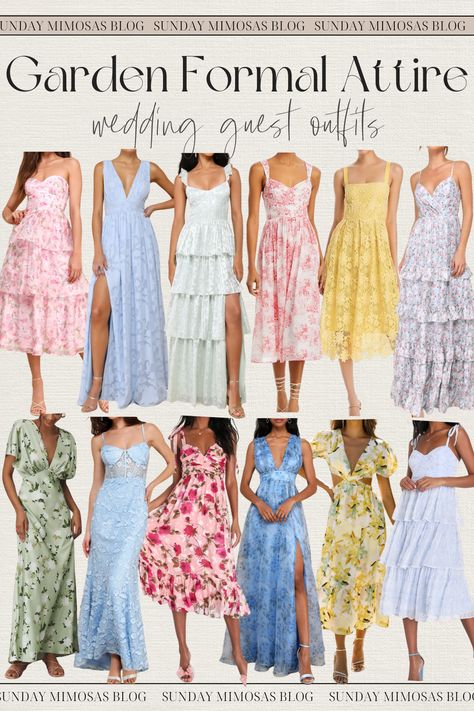 Colorful Garden Party Wedding Attire for Guest! We scoured the internet for the most beautiful Spring and Summer wedding guest dresses! If you're attending a garden party wedding, here are our favorite floral wedding guest dresses that you're going to love. Almost all of these are under $150 too! These would also work as a bridal shower outfit for guest, summer dinner party outfit or garden party outfit. Head to our most recent post for more garden formal wedding attire guest. Different Wedding Attire Guest, Summer Formal Attire Wedding, Dresses For Garden Wedding Guest, Pastel Wedding Outfit Guest, Night Garden Party Outfit, Secret Garden Outfit Ideas, Formal Garden Party Wedding Guest Attire, Garden Party Chic Wedding Outfit Guest, Garden Party Formal Wedding Guest