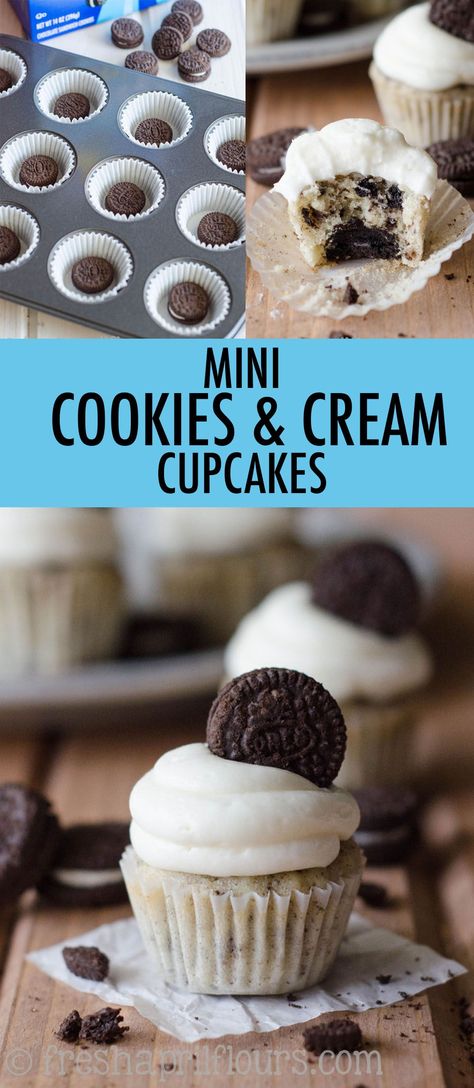 Mini Vanilla Cupcakes, Mini Cupcake Recipes, Oreo Cupcake Recipe, Cookies And Cream Cupcakes, Cupcakes Oreo, Cookies And Cream Frosting, Cookie And Cream Cupcakes, Cupcakes Filled, Oreo Buttercream