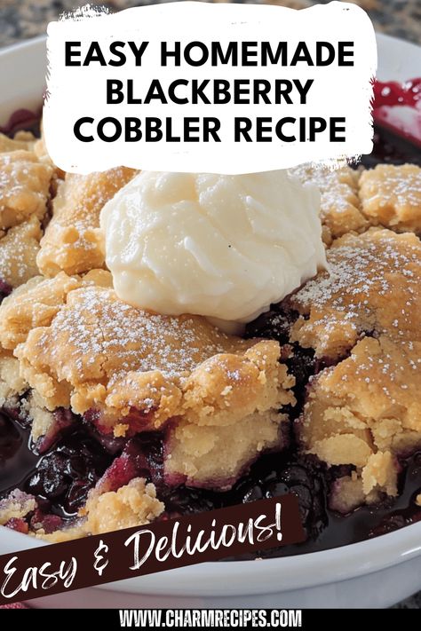 Whip up a delightful homemade blackberry cobbler and capture summer in every bite. This sweet dessert combines fresh blackberries and a buttery, flaky crust that's hard to resist. Perfect for family gatherings or backyard barbecues, this refreshing cobbler is a crowd-pleaser. Whether you're using frozen or fresh berries, it's simple to make and utterly delicious. Bake this easy recipe from scratch and enjoy the magical flavors of ripe blackberries, sugar, and a hint of lemon zest delivered straight to your table. Serve warm with whipped cream for the ultimate treat! Simple Berry Cobbler, Recipes For Frozen Blackberries, Quick Blackberry Cobbler, The Best Blackberry Cobbler, Blackberry Lemon Cobbler, Blackberry Cobbler For One, Individual Blackberry Cobbler, Cake Mix Blackberry Cobbler, Blackberry Filling Recipe