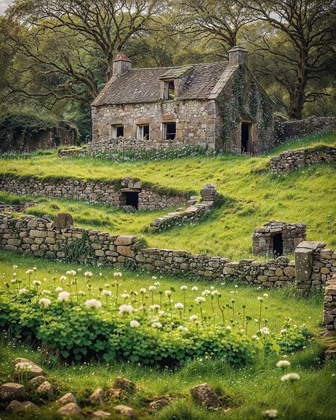 240301 - lightly displaced musgrave grids, melded into cozy irish landscapes and punctuated with ancient stone cottages; blender, sdxl… | Instagram Stone Cottage Homes, Dreamy Cottagecore, Python Script, Ireland Houses, Deserted Places, Ireland Cottage, Stone Cabin, Ireland Pictures, Irish Houses