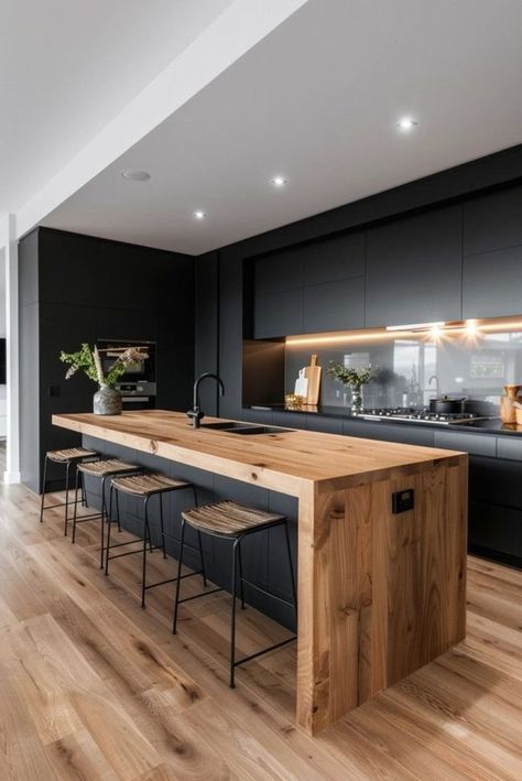 Kitchen Ideas Wood Cabinets Modern, Open Kitchen Ideas With Island, Black And Wood Island Kitchen, Kitchen Interior Wooden Floor, Wooden Accent Kitchen, Kitchen Black With Wood, Black Kitchen With Wood Island, Kitchen Island Contrast, Black White And Wood House Decor