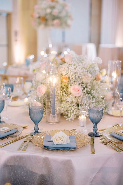 Neutral Blue + Gold Wedding Table French Blue And Blush Wedding, Blue And Gold Wedding Table Setting, Periwinkle And Gold Wedding, French Blue And Champagne Wedding, Pastel And Gold Wedding, Light Blue White And Gold Wedding, Powder Blue And Gold Wedding, Champagne And Light Blue Wedding, White Blue And Gold Wedding