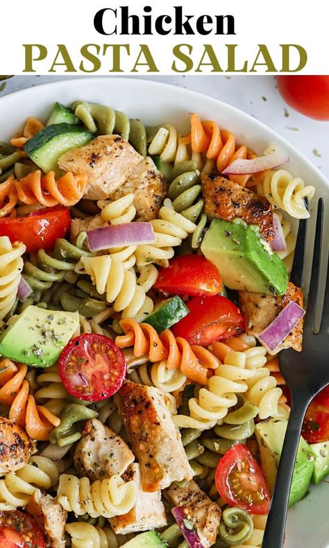 Pasta Salad Recipes With Rotisserie Chicken, Best Chicken Pasta Salad Recipe, Mexican Chicken Pasta Salad, Tricolor Rotini Recipes, Italian Pasta Salad With Chicken, Tri Color Rotini Pasta Recipes Chicken, Chicken Pasta Salad Dressing, Pasta Salads With Chicken, Tri Color Pasta Salad Italian Dressing