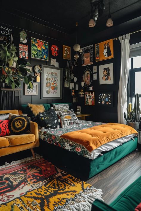 Studio Apartments & Maximalism: How to Fit a Big Interior Style Into Your Small Studio — Moda Misfit | Small Apartment Styling + Cozy Living Moody Maximalist Decor Apartment, Grey Maximalist Bedroom, Bedroom Wall Decor Maximalist, Retro Aesthetic Bedroom Ideas, Dark Room Color Schemes, Electric Aesthetic Room, Cozy Maximalist Apartment, Maximalist Cozy Bedroom, Tiny Maximalist Apartment