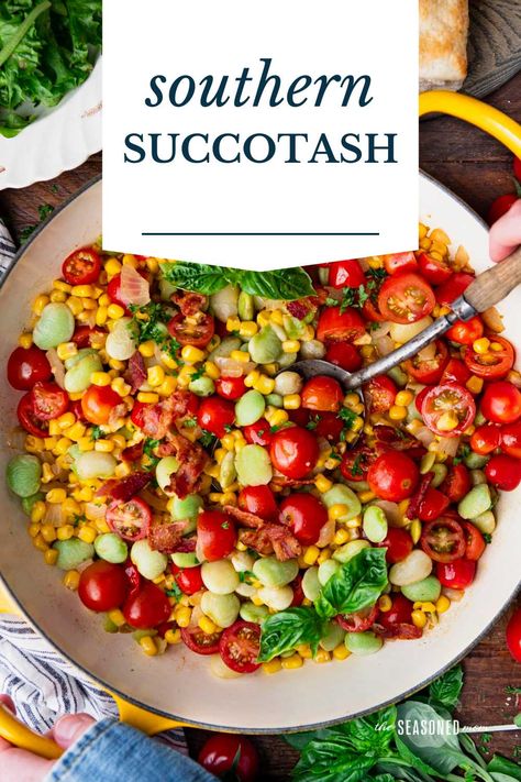 This Southern succotash recipe is an easy side dish or affordable entrée that pairs sweet corn, lima beans, and tomatoes with savory, salty bacon, rich butter, and fresh herbs. Take advantage of fresh summer produce or use frozen veggies in the off season! Succotash Recipes, Southern Succotash, Lima Bean Recipes, Summer Succotash, Succotash Recipe, Corn Succotash, Corn Recipes Side Dishes, Beans And Tomatoes, The Off Season