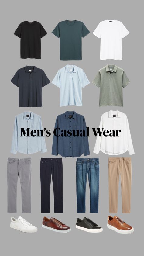 Every piece goes with each other in some way. Closet Essentials Men, Shirt Pant Combination Men Color Combos, Capsule Wardrobe Men Minimalist, Mens Basic Wardrobe Essentials, Men Capsule Wardrobe, Minimalist Wardrobe Men, Business Casual Men Summer, Mens Outfits Dressy, Capsule Wardrobe Men