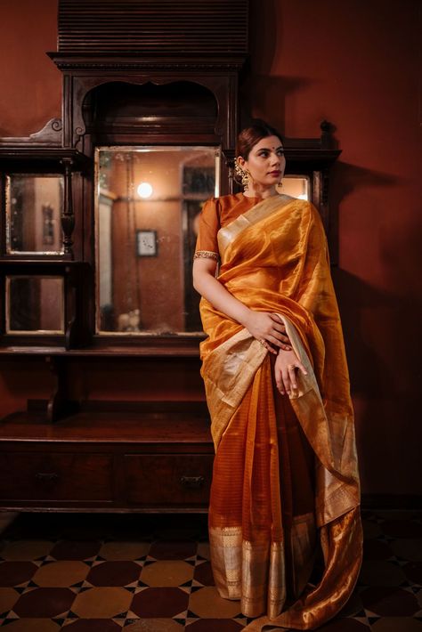 Rust Orange Saree, Rust Saree, Fashion Terminology, Modern Indian Wedding, Tissue Silk Saree, Cape Fashion, Sari Design, Pattu Saree Blouse Designs, Orange Saree