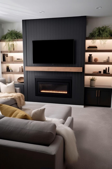 40+ Modern Shiplap Fireplace Designs for a Sleek Home Black Tv Wall Living Room With Fireplace, Family Room Tv Wall Ideas Fireplaces, Tv Fireplace Built In Bookshelves, Linear Fireplace Ideas With Tv, Black Fireplace Light Floors, Dark Fireplace Tv Wall, Faux Living Room Fireplace, Media Wall Shiplap, Vent Free Gas Fireplace Farmhouse