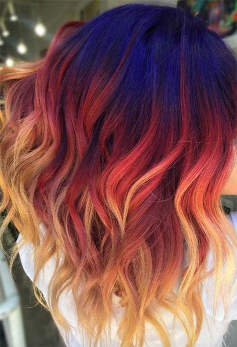 55 Glorious Sunset Hair Color Ideas for True Romantics - Glowsly Sunset Hair Color, Sunset Hair, Fire Hair, Creative Hair Color, Multicolored Hair, Hair Color Shades, Peinados Fáciles Para Cabello Corto, Hair Shades, Ombre Hair Color