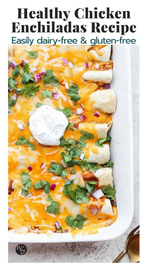 Healthy Chicken Enchiladas Recipe is such a great go-to weeknight dinner (or weekend) and we cannot wait for you to try them! Easily dairy-free and gluten-free, these are kid-friendly and absolutely delicious! They come together easily, the flavor is amazing and I cannot wait for you to make them! Dairy Free Enchiladas Chicken, Gf Enchiladas, Gluten Free Dairy Free Enchiladas, Whole 30 Enchiladas, Gluten And Dairy Free Enchiladas, Gluten Free Enchilada Casserole, Enchilada Healthy, Easy Healthy Chicken Enchiladas, Non Dairy Chicken Enchiladas