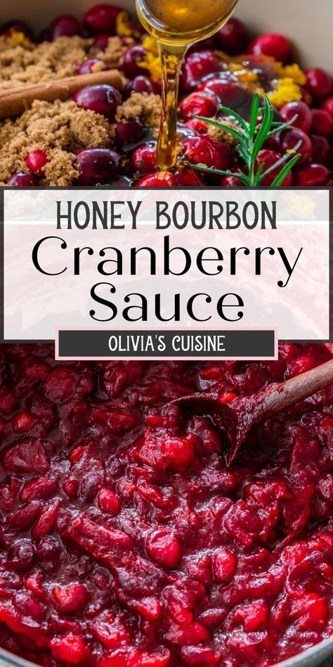 This cranberry sauce recipe is not your average Thanksgiving or Christmas side dish! This cranberry sauce is elevated thanks to the flavors of honey, bourbon, and rosemary. If you're looking for a homemade cranberry sauce that is elegant and distinct, you have to try this from scratch recipe. Bourbon Cranberry Sauce, Fresh Cranberry Recipes, Cranberry Sauce Thanksgiving, Cranberry Thanksgiving, Honey Bourbon, Homemade Cranberry Sauce, Best Thanksgiving Recipes, Cranberry Sauce Recipe, Thanksgiving Cooking