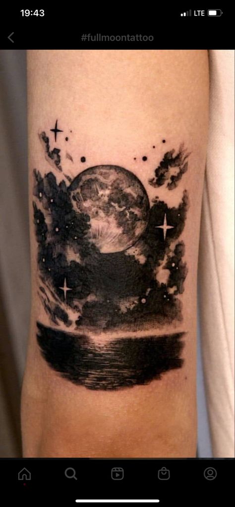 Night Cloud Tattoo, Negative Space Night Sky Tattoo, Moon Scene Tattoo, Storm Shoulder Tattoo, Beach Night Tattoo, Earth And Sky Tattoo, Night Time Tattoo Ideas, Cloud With Moon Tattoo, Cloud Cover Up Tattoo