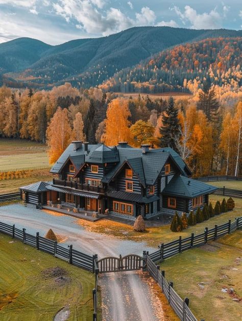 House Out In The Country, Wyoming Houses Dream Homes, Future Home Ideas Exterior, Big House With Land, Victorian Barndominium, Montana Ranch House Interior, Ohio Mountains, Big Cabin Houses, Western Home Exterior