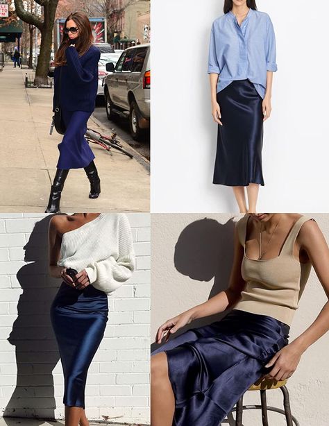 Navy Blue Outfits For Women Casual, Navy Satin Midi Skirt Outfit, Satin Navy Skirt Outfit, Styling Blue Skirt, Blue Satin Skirt Outfit Winter, Navy Blue Slip Skirt Outfit, Navy Blue Silk Skirt Outfit, Blue Slip Skirt Outfit, Satin Skirts Ideas