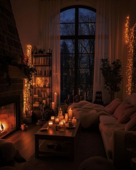 Living Room At Night Aesthetic, Cozy Lighting Living Room Night, Candlelit Apartment, Candlelit Living Room, Candle Lit Living Room, Fireplace Aesthetic Cozy, Cozy Couch Aesthetic, Warm Cozy Room Aesthetic, Cozy Fireplace Aesthetic