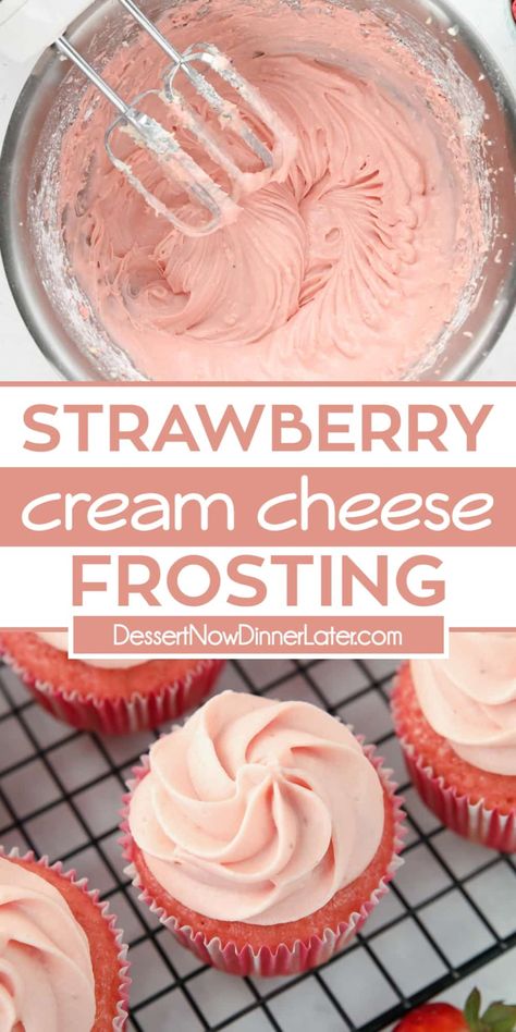 Strawberry Cream Cheese Frosting is easy to make with jam. It's fruity, creamy, and slightly tangy. Perfect for spreading or piping onto cakes and cupcakes. Strawberry Cream Cheese Buttercream, Strawberry Cake Recipe Cream Cheese Frosting, Strawberry Cupcake Frosting Recipe, Strawberry Cake With Strawberry Cream Cheese Icing, Cream Cheese Frosted Cupcakes, Homemade Strawberry Icing For Cake, Easy Strawberry Cupcake Recipe, Cupcake Recipes With Cream Cheese Frosting, Strawberry Cake Frosting Recipes