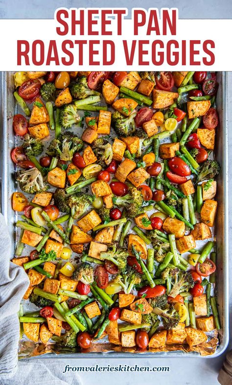 These Sheet Pan Roasted Vegetables are seasoned and cooked to perfection in the oven. These colorful roasted vegetables are a healthy and delicious side dish or an easy addition to your weekly meal prep routine. #veggies #mealprep #sidedish Sheet Pan Roasted Vegetables, Pan Roasted Vegetables, Roasted Veggies In Oven, Roasted Vegetables Oven, Weekly Meal Prep, Sheet Pan Dinners Recipes, Baked Veggies, Roasted Vegetable Recipes, Roasted Vegetable