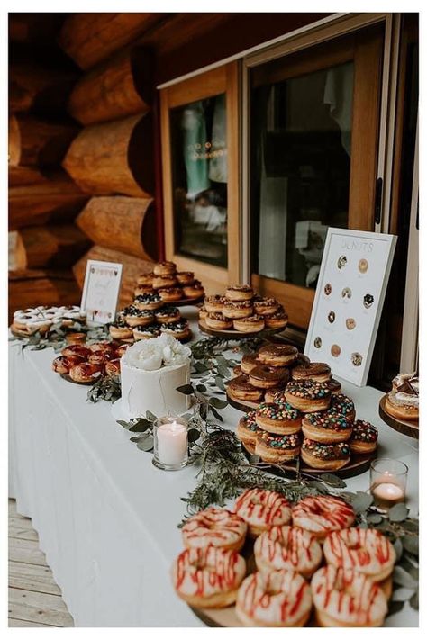 Donut Bar Wedding, Donut Display, Outdoor Bars, Wedding Snacks, Outdoor Wedding Ideas, Redwood Wedding, Small Backyard Wedding, Wedding Donuts, Dessert Bar Wedding