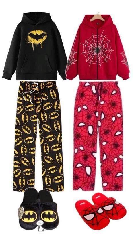 Batman Pjs, Spiderman And Batman, Hello Kitty Pjs, Pj Outfit, Spiderman Outfit, Bff Matching Outfits, Sneakers Outfit Casual, Bestie Outfits, Matching Outfits Best Friend