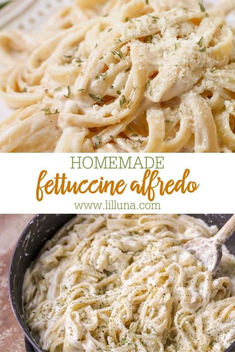 With a handful of ingredients, creamy Fettuccine Alfredo takes just minutes to make. It's an easy, cheesy family favorite! #fettuccinealfredo #alfredo #fettuccine #pasta #easydinners Carbonara Pancetta, Easy Fettuccine Alfredo, Fetuccini Alfredo, Easy Fettuccine, Alfredo Fettuccine, Classic Carbonara, Fettuccine Alfredo Recipe, Fettuccine Alfredo Recipes, Fettuccine Pasta