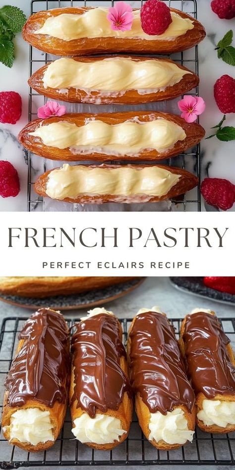 Perfect Eclairs Recipe Ingredients For the Custard (makes enough for 11-12 eclairs): 2 Eggs 70 g (2.4 oz) Sugar 30 g (1.0 oz) Cornstarch 500 ml Milk 80 g (2.8 oz) Butter #Pastry #Puff Homemade Eclairs Recipes, Classic Eclair Recipe, Eclairs Recipe, Eclair Dessert, European Desserts, French Pastries Recipes, Pastry Puff, Pasties Recipes, Apple Cinnamon Cake