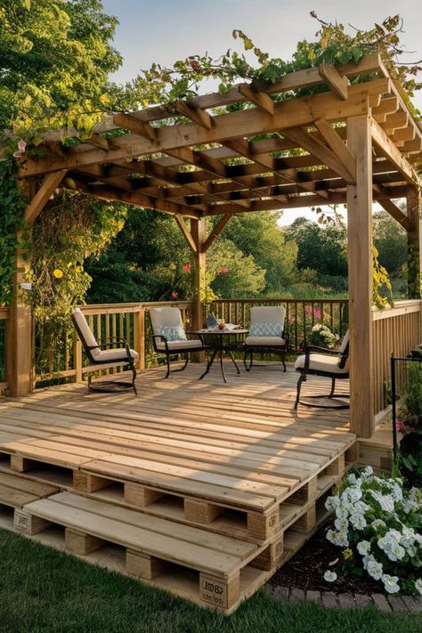 19 DIY Pallet Patio Deck [Complete Guide]  – craftydiyers.com Patio Furniture Made Out Of Pallets, Diy Deck From Pallets, Pallet Decks, Diy Pallet Patio, Backyard Pallet Ideas, Pallet Patio Decks, Pallet Porch, Pallet Deck Diy, Pallet Patio Furniture Diy