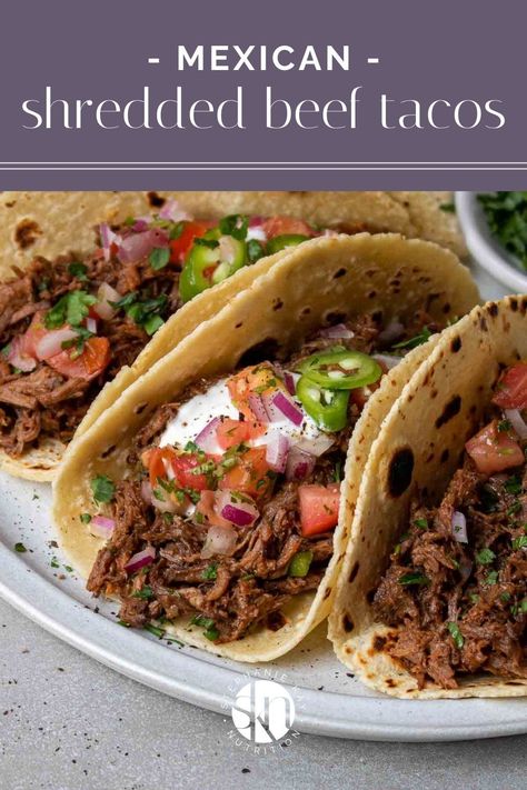 Mexican Shredded Beef Tacos, Tacos For A Crowd, Shredded Beef Tacos Recipes, Kay Nutrition, Mexican Beans, Shredded Beef Tacos, Mexican Shredded Beef, Braised Chicken Breast, Beef Tacos Recipes