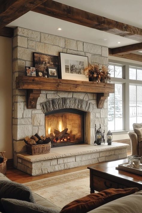 Exposed Stone Fireplace, Fireplace Ideas Rock, Living Room With Central Fireplace, Stone Fireplace Aesthetic, Giant Stone Fireplace, Front Porch Fireplace Ideas, Farmhouse Fireplace Ideas Rustic Stone, Faux Rock Fireplace Stone Veneer, Large Stone Fireplace Living Room