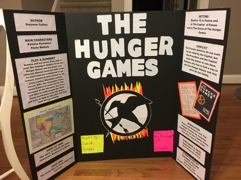 Reading fair project - The Hunger Games tri-fold poster Tri Fold Display Board Ideas, Reading Fair Projects, Hunger Games Book Report Ideas, Book Report Poster Board, Hunger Games Bulletin Board, Hunger Games Ra Theme, Hunger Games Project Ideas, Movie Poster Book Report Project, Book Fair Ideas Display