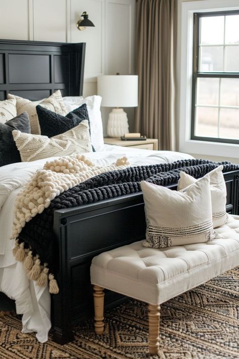 Bedding Ideas For Black Headboard, Big Headboard Bedroom Ideas, Mocha And White Bedroom, Tan And Black Room Ideas Bedrooms, Black And White King Bedding, Black Accent Furniture Bedroom, Tan Black Bedroom Room Ideas, Black Gray And Tan Bedroom, Black In Bedroom