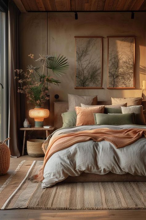 19 Best Earthy Modern Bedroom Ideas for a Cozy Retreat 35 Modern Luxury Bedding, Earth Tone Bedroom Ideas Aesthetic, Bali Decor Bedroom, Bedroom Bedding Color Schemes, Modern Organic Bedding Ideas, Earth Tone Bedroom Wallpaper, Master Room Aesthetic, Interior Design Cozy Bedroom, Blue Green And Brown Bedroom