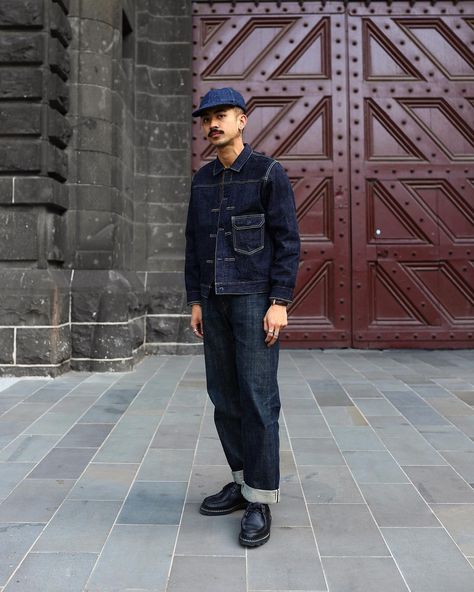 Boy Indigo in full Canadian suit —— // 👖 | Instagram Men’s Denim Jacket Style, Denim Chore Jacket Outfit, Canadian Suit, Indigo Outfit, Indigo Denim Jacket, Denim Outfit Men, Smart Pants, Denim Jacket Outfit, Denim Jacket Fashion