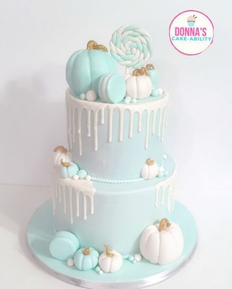 Baby shower cake, baby blue cake, pumpkins, chocolate drip Blue Pumpkin Cake, Pumpkin Gender Reveal Cake, Lil Pumpkin Baby Shower Cake, Little Pumpkin Baby Shower Cake, Pumpkin Baby Shower Cake, Baby Blue Cake, Fall Baby Shower Cake, Pumpkin Theme Baby Shower, Baby Shower Cake Designs