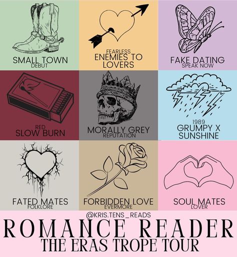 Romance Reader: Eras Trope Tour🩵 This was so much fun to make!!! May just have to make another one to add the Midnights and TTPD albums!🫶🏼 Which era is your favorite?📚 In My Reading Era, Kindle Screensaver, Books Poster, Kindle Stickers, Romance Reader, Bookmarks For Books, Reading Aesthetic, Book Pins, Romance Readers