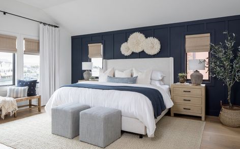 One Navy Wall Bedroom, Bedding With Navy Walls, Navy Blue Statement Wall Master Bedrooms, Navy Wall Behind Bed, Master Bedrooms Decor Cozy Navy Blue, Dark Blue Accent Wall Master, Navy Blue Bedroom Board And Batten, Hale Navy Bedroom Ideas, Navy Bedroom Panelling Wall