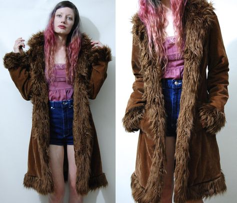 70s Fur Jacket, Brown Afghan Coat, Shaggy Coat Outfit, Penny Lane Jacket, 90s Fur Coat, Y2k Fur Coat, Hippie Winter Outfits, Brown Goth, 70s Fits