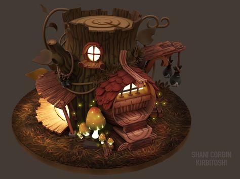 ArtStation - Tree Stump House, Shani Corbin Minecraft Tree Stump, Fantasy House Concept, Tree Stump House, Stump House, Tree House Interior, Fairy Games, Minecraft Tree, Grass Texture, Magical House