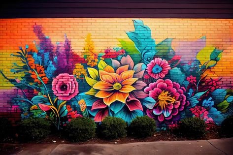 Urban graffiti art featuring mural of vibrant flower garden stock image Graffiti Art Flowers, Garden Graffiti, Graffiti Flowers, Mural Inspiration, Urban Graffiti, Fence Art, Fence Paint, Sweet Art, Mural Wall