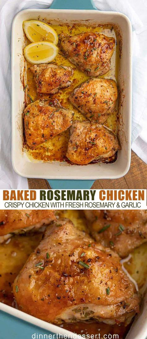 Baked Rosemary Chicken is a delicious, crispy baked chicken recipe with fresh rosemary and garlic thats ready in less than 45 minutes. #chicken #rosemary #rosemarychicken #baked #dinner #easydinner #weeknightmeal #crispychicken #dinnerthendessert Baked Rosemary Chicken, Recipe Collage, Chicken Rosemary, Rosemary Chicken Thighs, Rosemary Chicken Recipe, Crispy Baked Chicken Thighs, Oven Baked Chicken Thighs, Baked Chicken Recipe, Lemon Rosemary Chicken