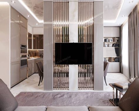 Tv Wall Design Partition, Tv On Partition, Divider Wall Ideas With Tv, Tv Wall Partition Design, Living Room Divider With Tv Unit, Partition Wall With Tv Unit, Tv Partition Wall, Tv Wall Partition, Tv Partition Wall Interior Design