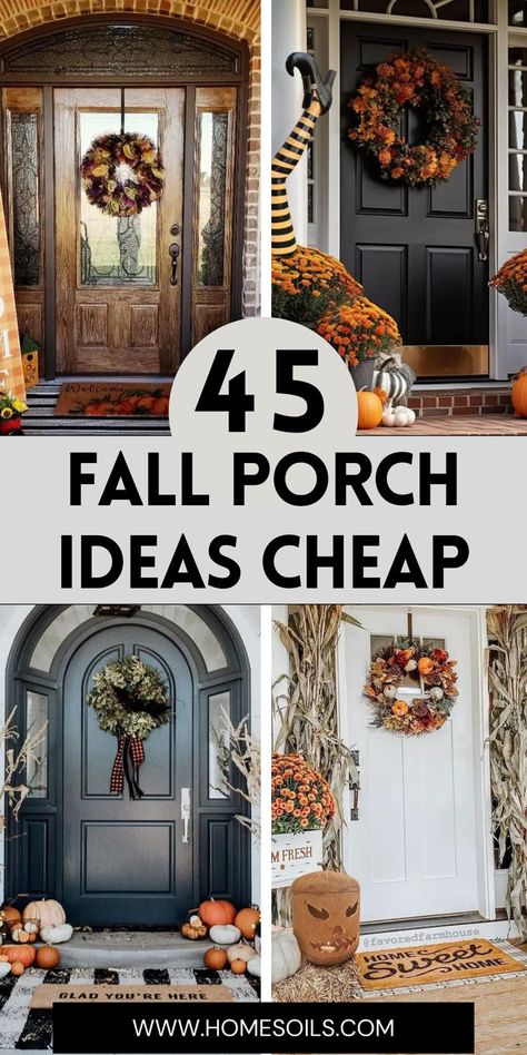 Transform your porch with 45 budget-friendly fall decor ideas, including DIY wreaths, rustic pumpkins, and cozy throws. Create a warm, welcoming space for autumn—find all the ideas on our site! Budget Friendly Fall Porch Decor, Fall Porch Arrangements, Easy Outdoor Fall Decor, Fall Decorations For Porch, Porch Pumpkin Decorating Ideas, Fall Decorating Ideas For The Porch, Fall Porch Ideas 2024, Fall Decor Front Porch Entryway, Fall Porch Pots