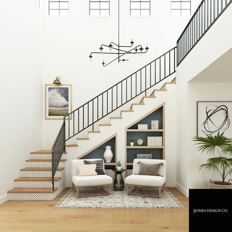 Two Landing Staircase, Foyer Design Staircase, Area Below Staircase Design, Staircase Down Area Design, Decor By Stairs, Staircase Area Design, Staircase Space Ideas, Foyer Staircase Entryway, Large Entry Way Ideas