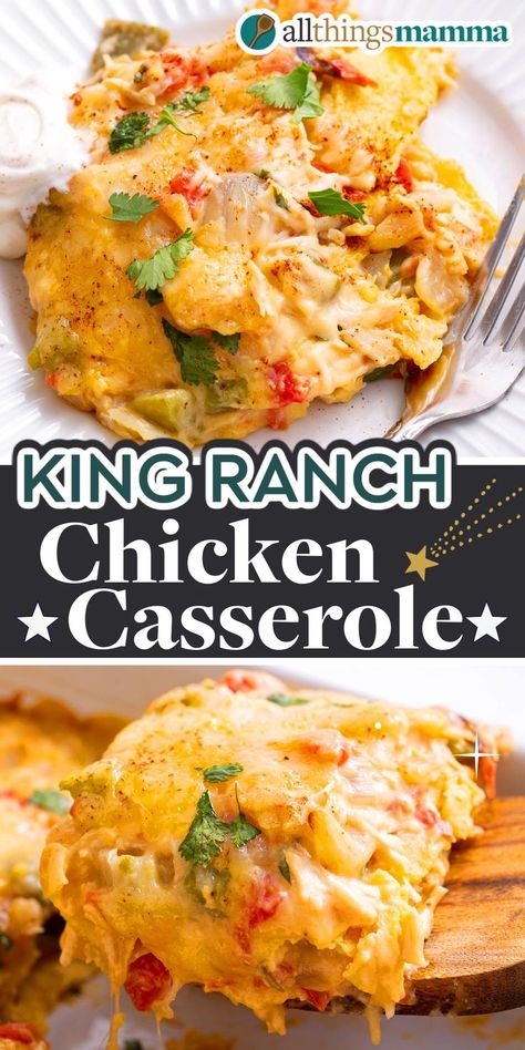 serving of King Ranch Chicken Casserole One Pot Chicken Casserole, Texas Ranch Casserole, King Chicken Casserole, Chicken Lynn Casserole, King Ranch Recipes, Mexican Chicken Casserole Recipes For Dinner, Pulled Chicken Casserole, Amazing Casserole Recipes, Huntington Chicken Casserole