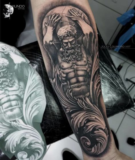 101 Amazing Greek Tattoo Designs You Need To See! | Outsons | Men's Fashion Tips And Style Guide For 2020 Ancient Greek Tattoo, Greek Goddess Tattoo, Greece Tattoo, Tattoo Bras Homme, Athena Tattoo, Greek Tattoo, Greek God Tattoo, Atlas Tattoo, See Tattoo