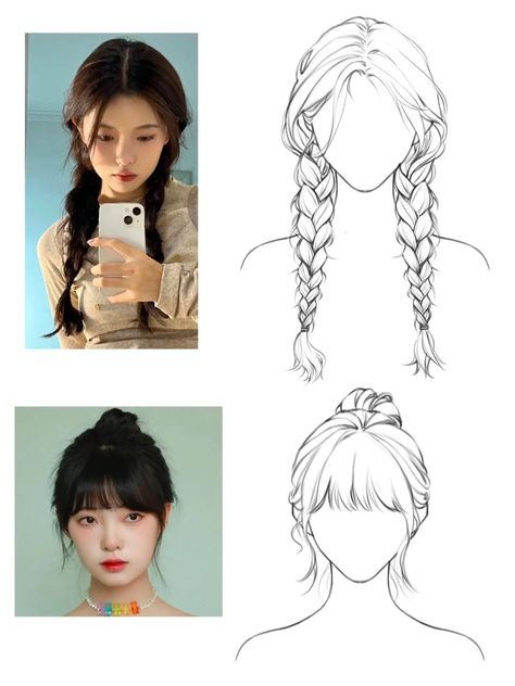 Different Bangs Styles Drawing, How To Draw Hair Bangs, Drawing Bangs Tutorial, Hair With Bangs Drawing Reference, Manga Hair Styles, Bang Drawing Reference, Bangs Drawings, Girl With Bangs Drawing, Hair Bangs Drawing