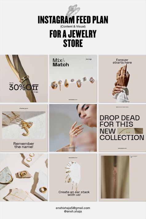 Feed plan (content & visual) for a jewelry store. Follow for more content like this. Jewellery Brand Instagram Grid, Jewelry Ig Feed, Jewelry Brand Instagram Feed, Jewelry Feed Instagram, Jewelry Instagram Layout, Jewellery Instagram Grid, Jewellery Instagram Feed, Jewelry Posts Instagram, Instagram Feed Plan